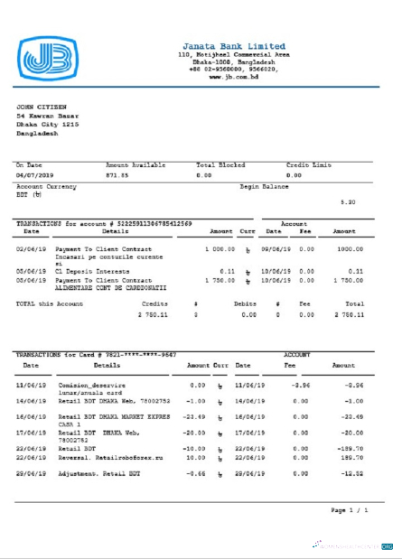 Download Bangladesh Janata bank statement word
